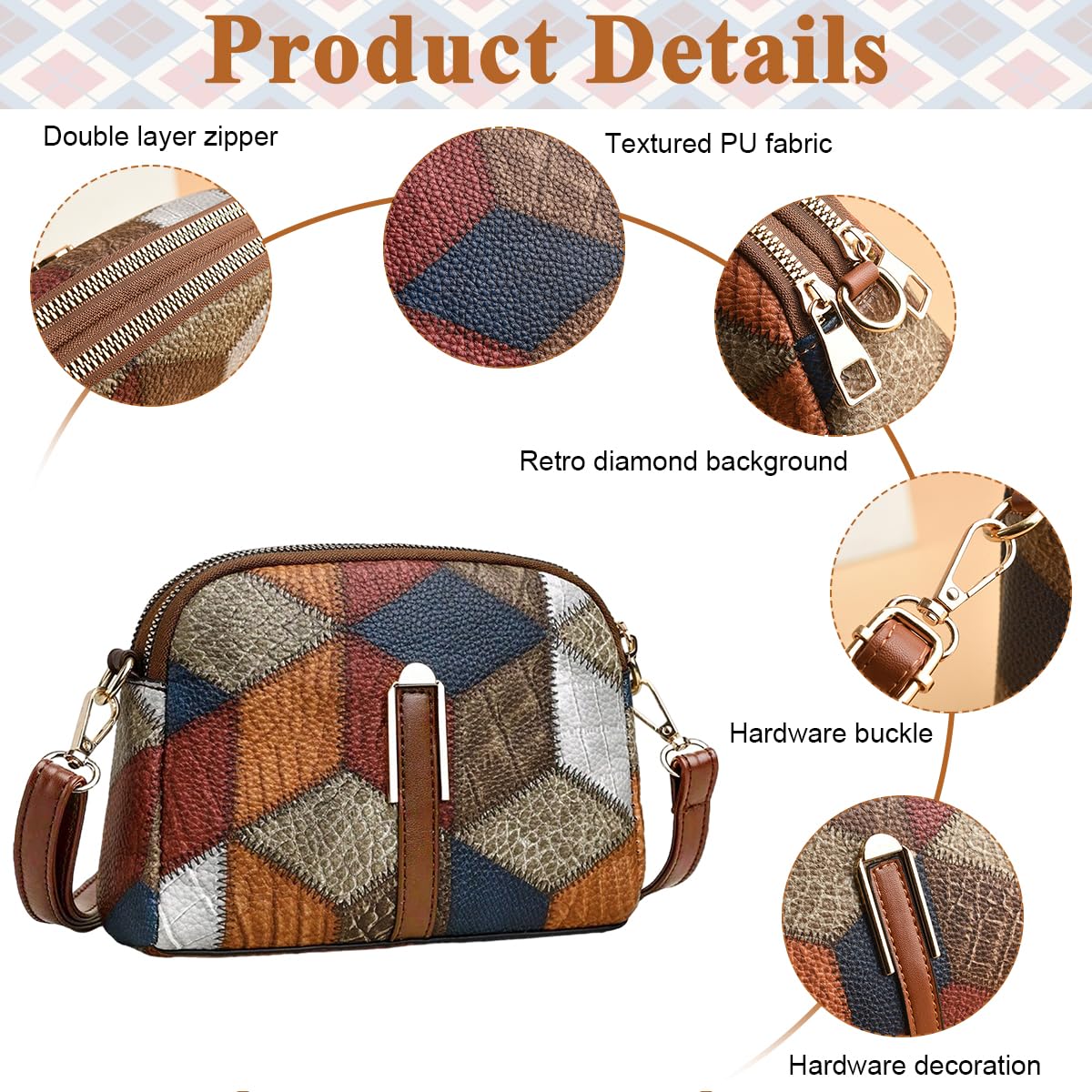 PALAY Mini Colorblock Crossbody Bag, Retro Rhombus Pattern Purse, Fashion Shoulder Bag PALAY Mini Colorblock Crossbody Bag, Retro Rhombus Pattern Purse, Fashion Shoulder Bag